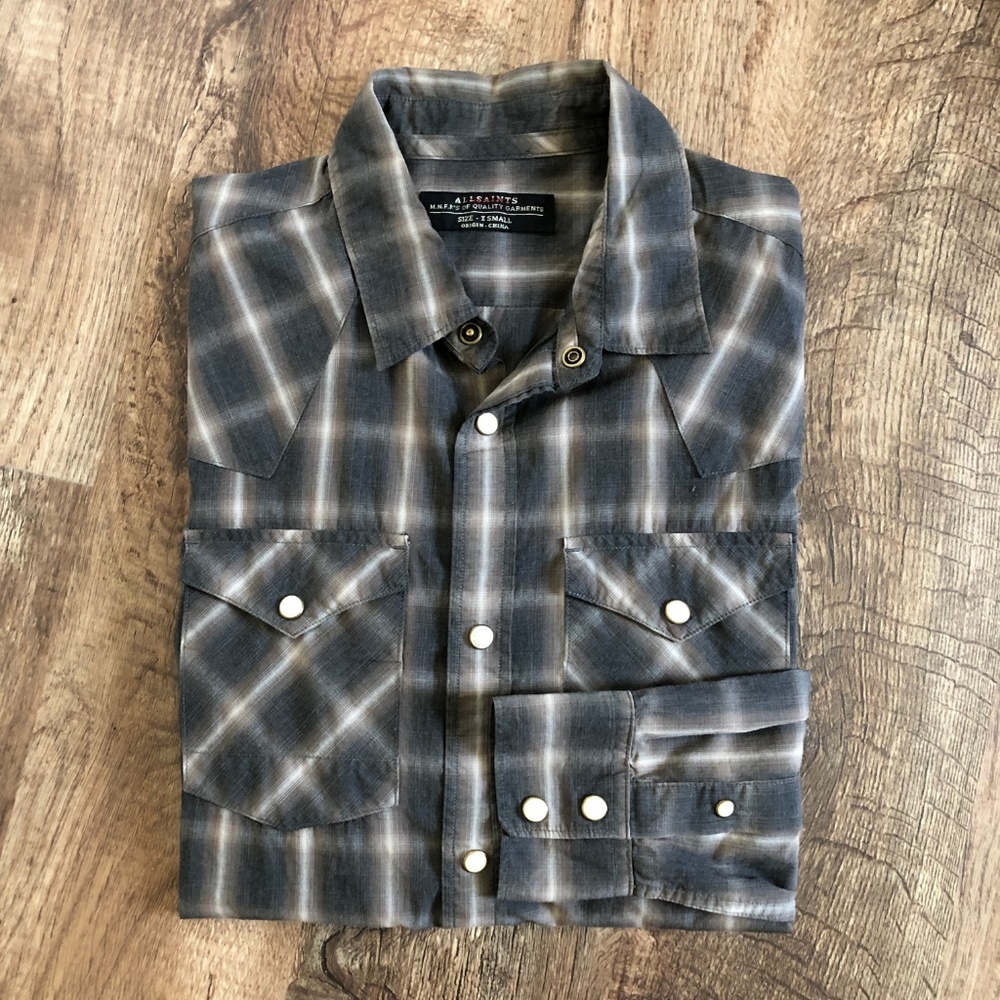 AllSaints Men's Gray Frontier Shirt Plaid Snap Dow - Picture 2 of 8